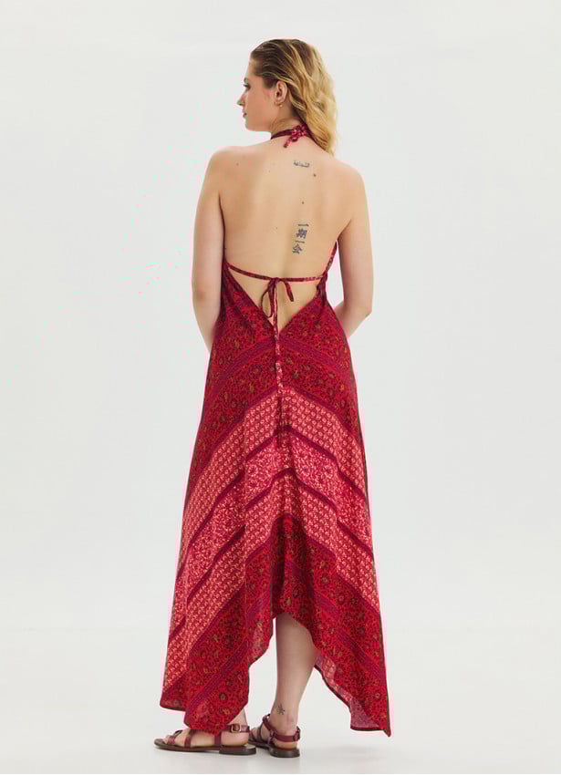 V Neck Backless Halter Neck Coral Floral Dress 4655